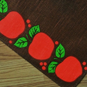 Swedish retro vintage 1960s rectangular printed linen design tablet tablecloth with red/ limegreen apple/ leafe motive on dark brown bottom image 1