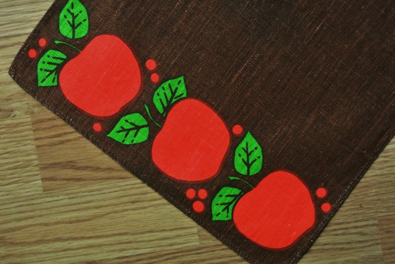 Swedish retro vintage 1960s rectangular printed linen design tablet tablecloth with red/ limegreen apple/ leafe motive on dark brown bottom image 1