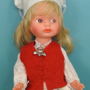 Swedish vintage 1950s handmade souvenier doll in fabric landscape dress