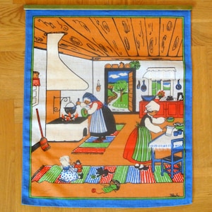 Swedish vintage 1970s unused BoWa (Bodil Wallman) design printed cottage home interior linen wall-hanging with olivegreen wood hanger