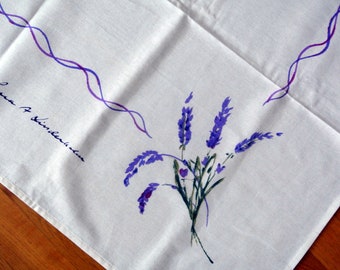 Swedish vintage 1990s unused larger printed Lena Linderholm design square bonewhite cotton tablecloth with purple lavender flower pattern