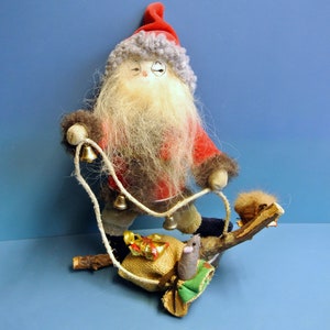 HANDMADE Swedish vintage 1980s stuffed body/ red velvet dress Christmas decoration Santa Claus Tomte figure with beard, mouse and gift sack