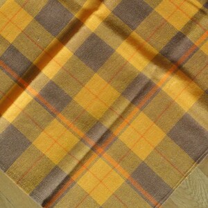 Swedish retro vintage 1970s larger square yellow/ orange/ brown/ bonewhite woven synthetic tablecloth with checkered patterrn