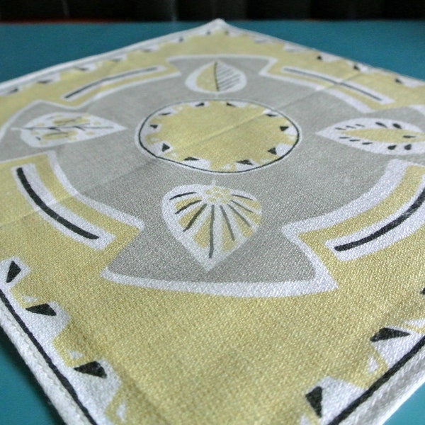 Swedish vintage 1950s printed cotton design tablet tablecloth with yellow/ black conventionalized leafe motive on gray/ light yellow bottom