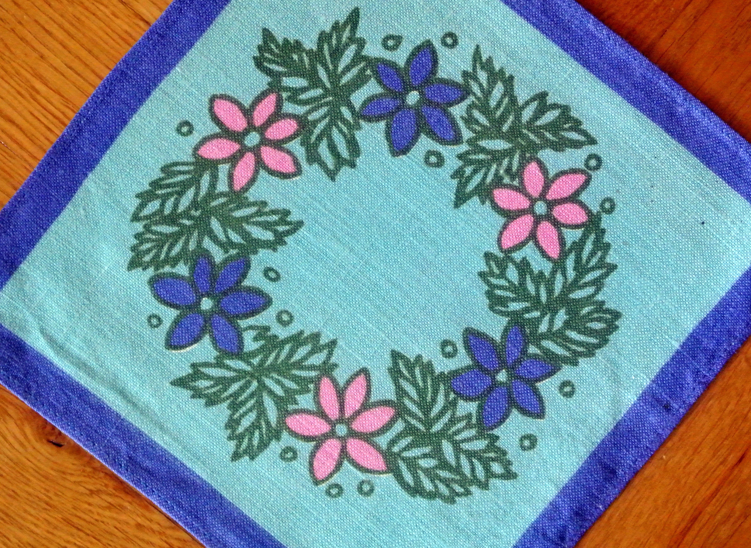 Vintage 1950s Swedish Linen Tablecloth: Floral Print, Blue Frame