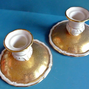 Pair of vintage 1950s highquality Johann Haviland Bavaria porcelain fabric white candleholders with gold decorated foot