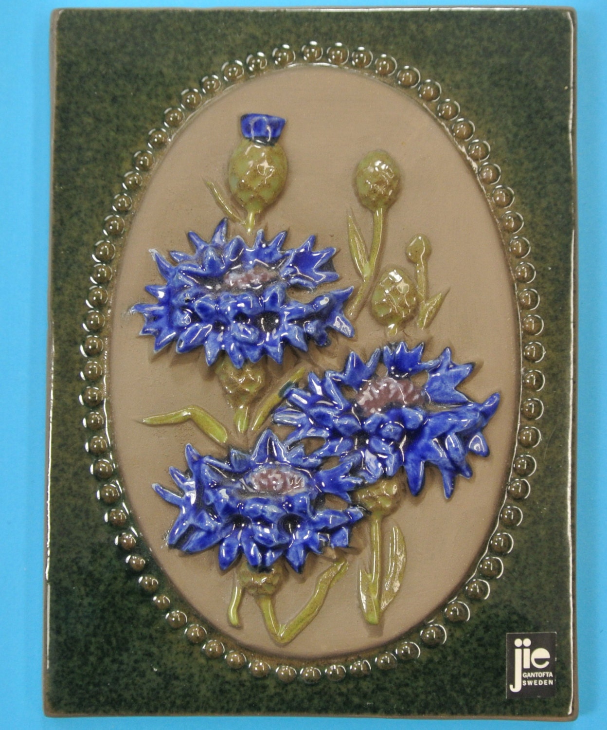 Vintage Swedish Ceramic Wall Plaque: Blue Cornflowers, Jie