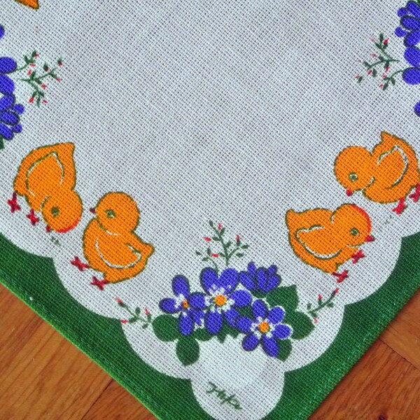 Swedish retro vintage 1970s unused printed cotton/ synthetic Hilja design tablet tablecloth with Easter flower/ chicken motivs, white bottom