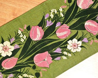 Vintage 1960s Swedish Linen Table Runner: Pink Tulip Floral Print