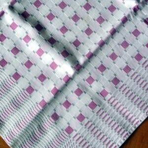 Vintage 1980s square woven Sweden Linneväveriet Horred cotton tablecloth with checkered pink/ vinered weaving pattern on bonewhite botton