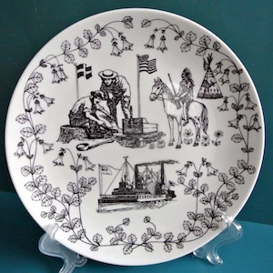 RARE Swedish vintage 1970s Gustavsberg round bone white porcelain plate with black Sven Jonson design immigrant motives, limited edition