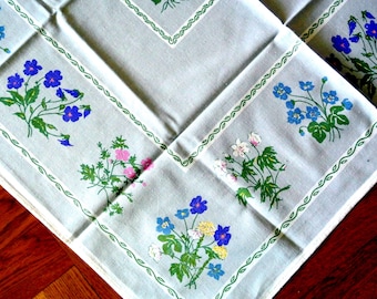 May include: A light gray tablecloth featuring a repeating pattern of colorful floral bouquets in shades of blue, pink, white, and yellow. The fabric is decorated with a thin green vine-like border that frames each section of the floral print.