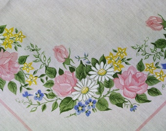 Swedish retro vintage 1970s larger printed cotton design tabelcloth with multicolor summer-flower motive on white bottomcolorand blue frame