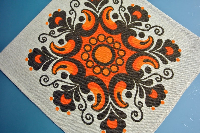 Swedish vintage 1960s printed linen BoWa design tablet tablecloth with orange red brown Kurbits motive on light beige bottomcolor