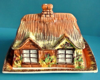 England English vintage 1940/50s PRICE BROS handmade handpainted multicolor majolica cottageware house-shaped butter dish