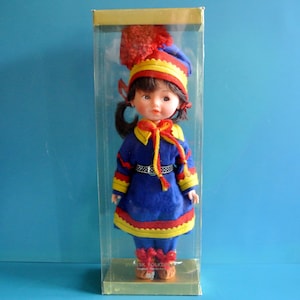 Unique HANDMADE Swedish vintage 1970s larger Sami folkart souvenir doll in multicolor traditional textile dress and original box