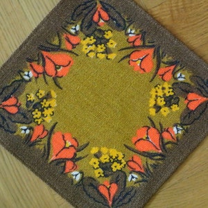 Swedish vintage 1970s small printed darkbrown/ mustard burlap linen Hilja design tablet tablecloth with orange/ yellow spring flower motive
