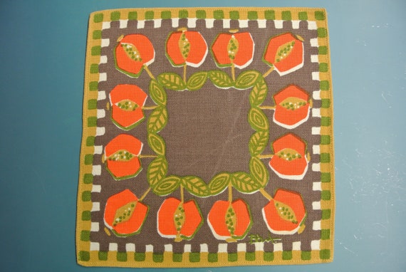 Swedish vintage 1960s printed linen BoWa design tablet tablecloth with orange red brown Kurbits motive on light beige bottomcolor