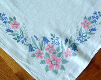 Swedish vintage 1970s printed design white cotton table-cloth with blue/ pink/ green flower frame motive on white bottomcolor