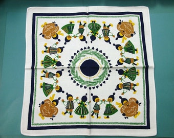 Swedish vintage 1960s larger printed cotton christmas design tablet tablecloth with folkdance pairs Christmas motives