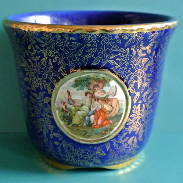 RARE vintage 1950s smaller highquality porcelain kobolt blue flower-pot planter with multicolor heraldic medallion motive/ gold decor