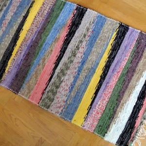 May include: A rectangular, woven rug with a striped pattern in various colors, including pink, yellow, blue, and black. The rug has a fringed edge and is placed on a wooden floor. The rug's design is a mix of different textures and colors.