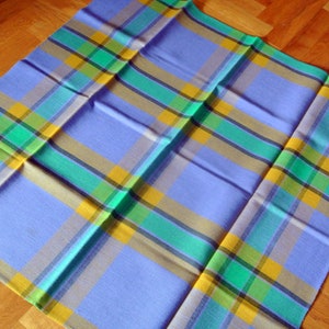 UNUSED Swedish retro vintage 1970s larger square purple/ mustard yellow/ green woven synthetic tablecloth with checkered patterrn