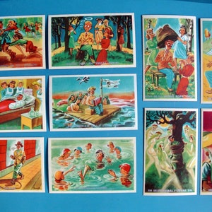 RARE OBJET DE COLLECTION Lot de 10 cartes postales suédoises vintage des années 40 en papier imprimé inutilisées avec des motifs de blagues multicolores, 3,5 x 5,5 pouces