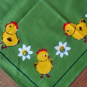 Swedish vintage 1970s larger printed  linenprepared cotton design tablet tablecloth with chicken/ flower motive frame on olivegreen bottom