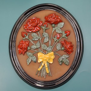 Large Swedish retro vintage 1960s oval Gabriel red rose flower ceramic wall plaque, design by Ingegärd Burmeister