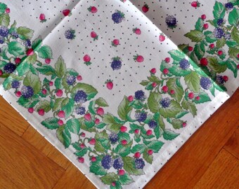 Swedish retro vintage 1970s printed cotton design tablet tablecloth with multicolor berries pattern frame on bonewhite bottom