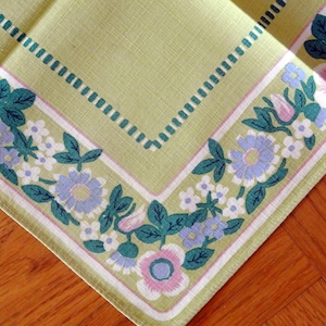 Swedish retro vintage 1970 larger printed cotton Hill design tablet tablecloth with multicolor conv. flower pattern frame on peagreen bottom