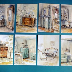 Lote de 8 postales suecas de papel impresas sin usar de la década de 1990 con motivo interior antiguo en acuarela de Kerstin Westin sobre fondo blanco