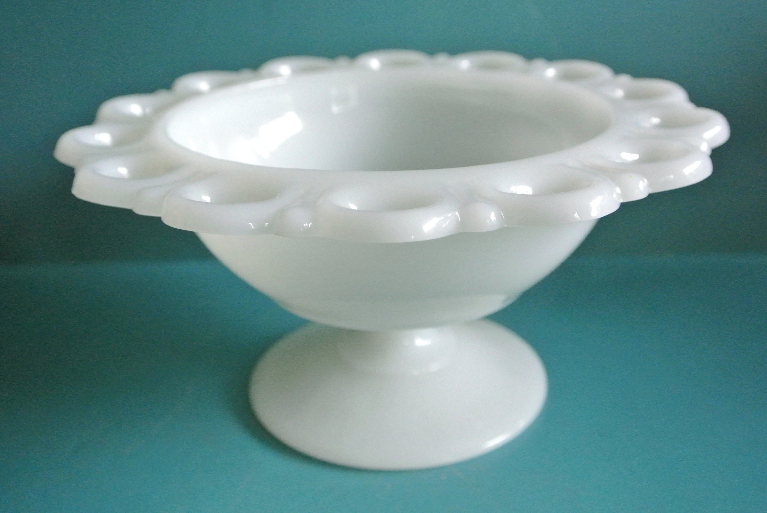Sweden vintage 1950s Glimma Glimåkra white Opal milk press glass bowl on foot with open hole frame