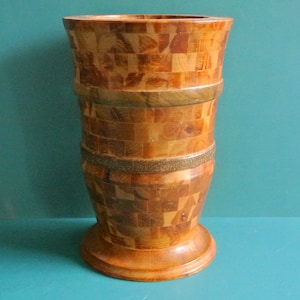 Well made Swedish vintage 1976s handmade goldbrown laminated wood stoup, marked P.H-g 1976