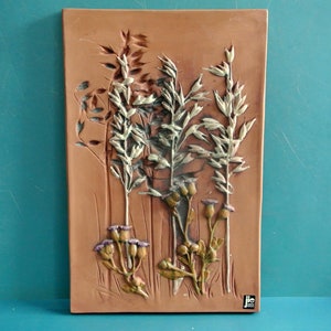 X-LARGE Swedish vintage 1970s jie Gantofta large rectangular brown ceramic wall plaque with  wheat/ thistle motive, design by Aimo.