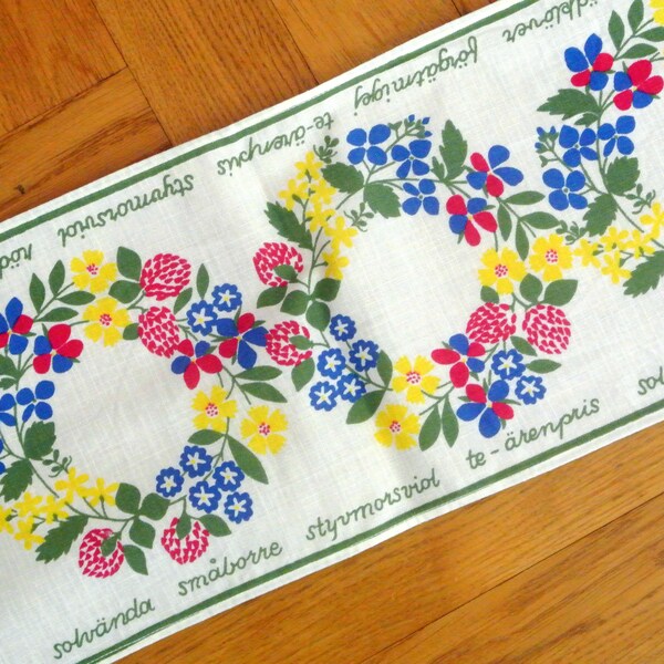 LANGE schwedische retro vintage 1950er Jahre bedruckte Leinenvorbereitung Baumwolle Brit B Design Tischdecke Läufer mit mehrfarbigen Midsommer Blumen Kreis Motiv