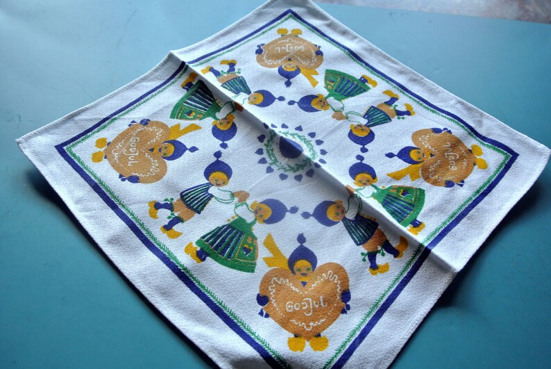 Swedish vintage 1960s small printed cotton christmas design tablet tablecloth with folkdance pairs Christmas motives