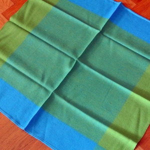 Swedish retro vintage 1970s larger square blue/ turquoise/ limegreen woven synthetic tablecloth with checkered patterrn