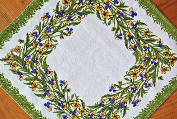 Very well done vintage 1960s handmade cross-stitch embroidery tablettable-cloth w small flower frame in turqouise blue on bone white bottom