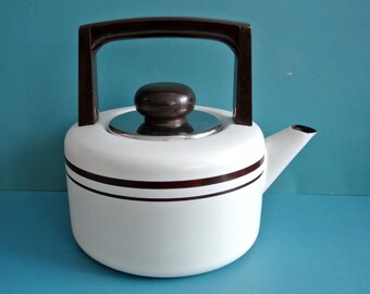 Grande bouilloire suédoise ASTA, 2 litres, blanc os/émail marron, style moderne des années 1960, bouilloire avec poignée
