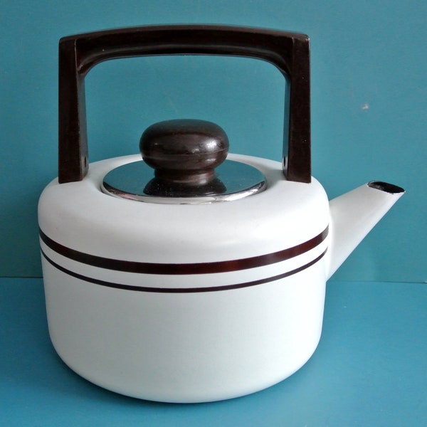 Vintage 1960s large Swedish ASTA 2 liters bonewhite/ brown enamel modern style tea-pot/ coffe-pot pan kettle with handle