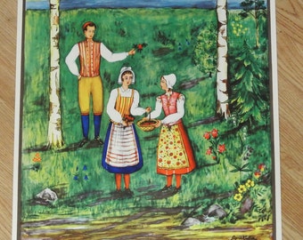 Swedish vintage 1940s Sigreid Kjellin design unused PAPER wall-hanging with multicolor Swedish youngsters in Småland landscape dresses