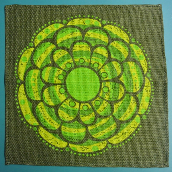 Swedish retro vintage 1960s small printed design thick linen tablet tabelcloth with conventionalized large flower on dark olive green bottom