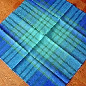 Swedish retro vintage 1970s larger square light blue/ turquoise green woven synthetic tablecloth with checkered patterrn