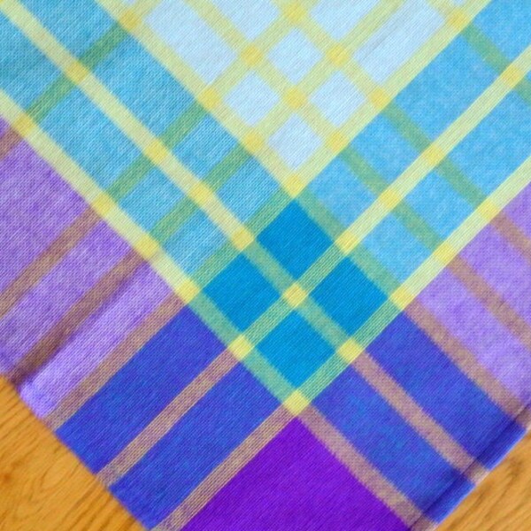 Larger Swedish vintage 1980s woven purple/ yellow/ blue synthetic tablecloth with traditional patterrn