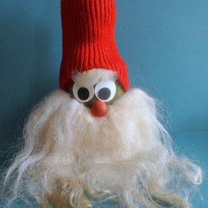 Single HANDMADE Swedish vintage 1980s wood/ knitted wool fabric Christmas decoration Santa Claus Tomte figure with large beard