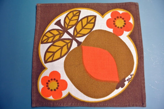 Swedish vintage 1960s printed linen BoWa design tablet tablecloth with orange red brown Kurbits motive on light beige bottomcolor