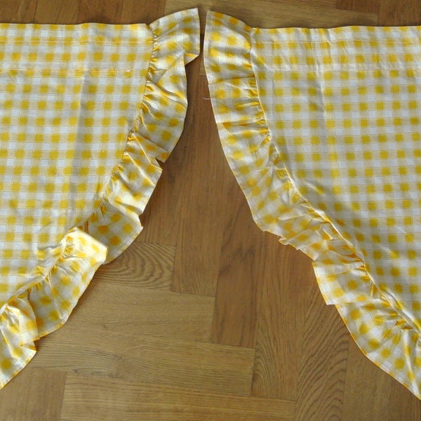 vintage 1980s coton 2 parties de Pâques valance avec motif à carreaux jaune / blanc imprimé et volants