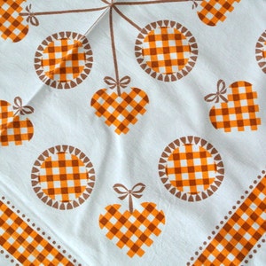 LARGE Swedish vintage 1960s printed design white cottont table-cloth with orange/ brown checkered heart/ ball/ frame motive